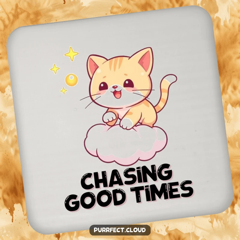Funny cat coasters featuring a playful cat chasing a glowing orb on a cloud, protecting surfaces with mystical humor.