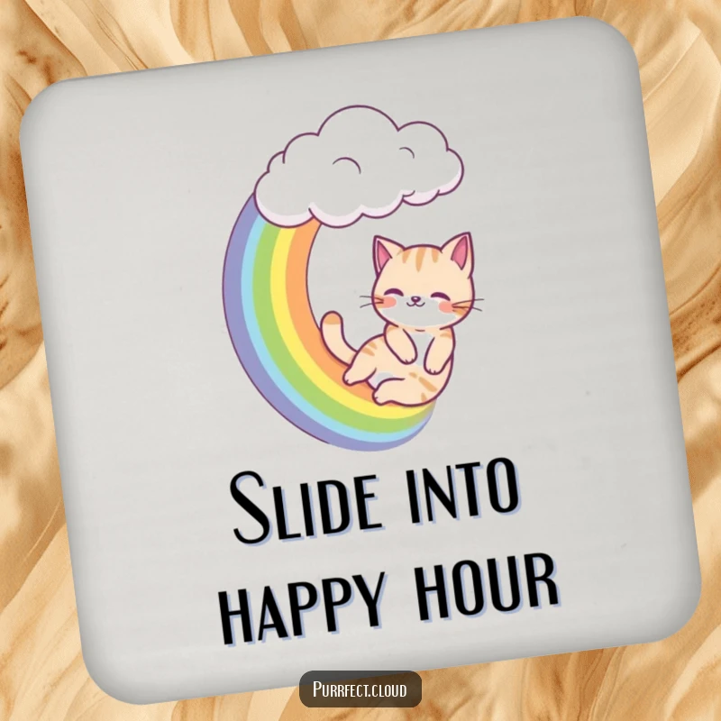 Funny cat coaster, a cat slides down a rainbow from a cloud, protecting surfaces with colorful humor.