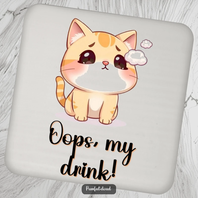 Funny cat coasters featuring a surprised cat being tickled by a cloud, protecting surfaces with humor and charm.