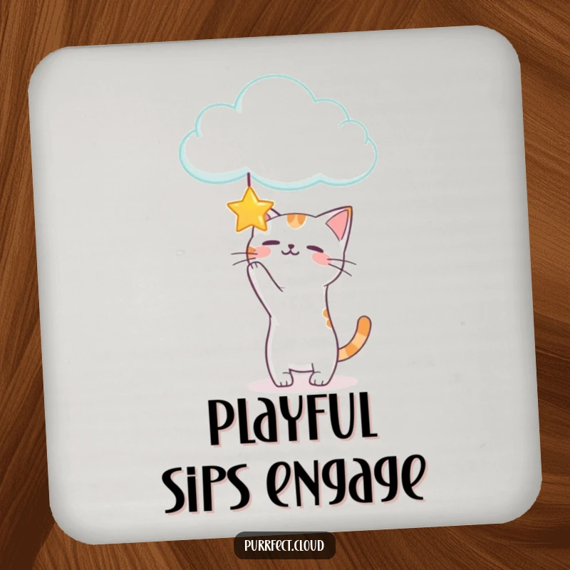 Funny Playful Cat Coaster depicting a cat batting at a star from a cloud, a humorous and functional home accessory.