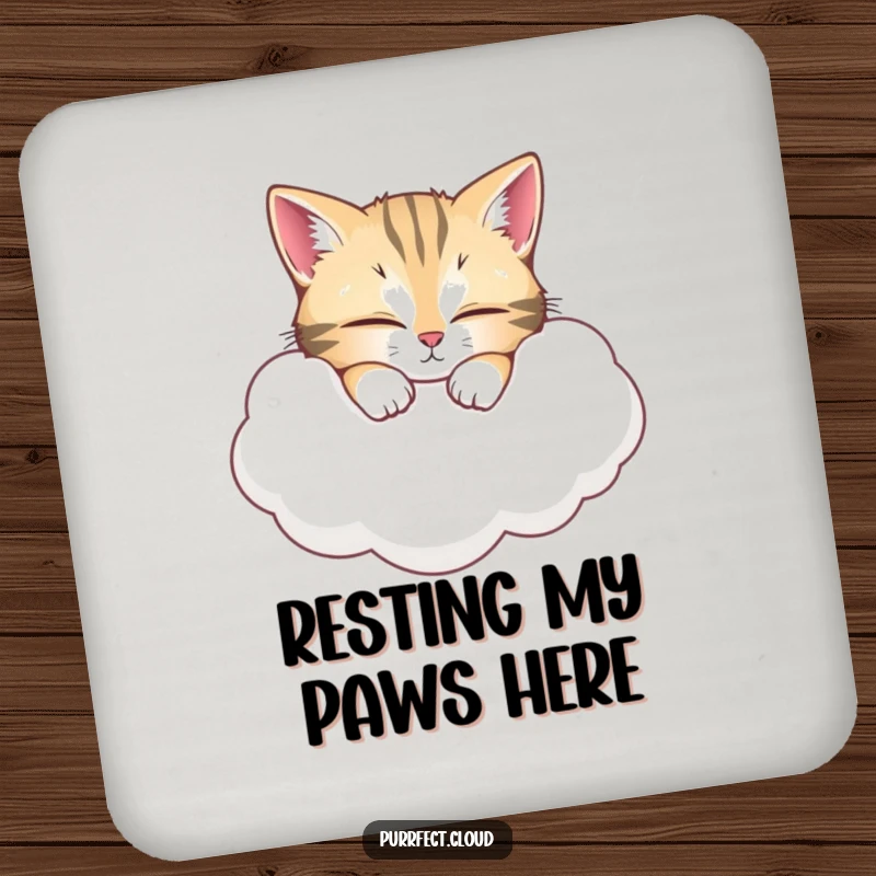 Funny Cat Coaster: A wide-eyed cat napping on a cloud, protecting surfaces with adorable humor. A cute funny gift.