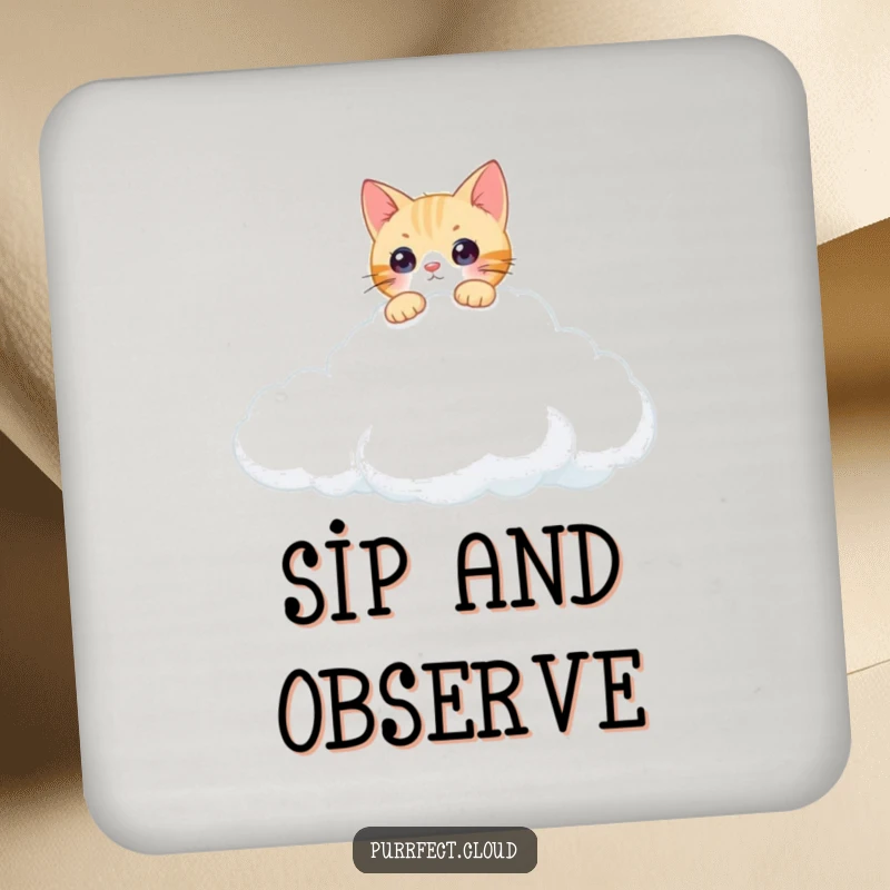 Funny curious cat coasters featuring a cat peeking over a cloud's edge, protecting surfaces with feline whimsy.