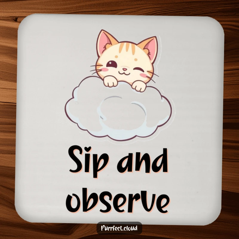 Funny drink coasters featuring a curious cat peeking over a cloud, adding gentle humor and protecting surfaces stylishly.