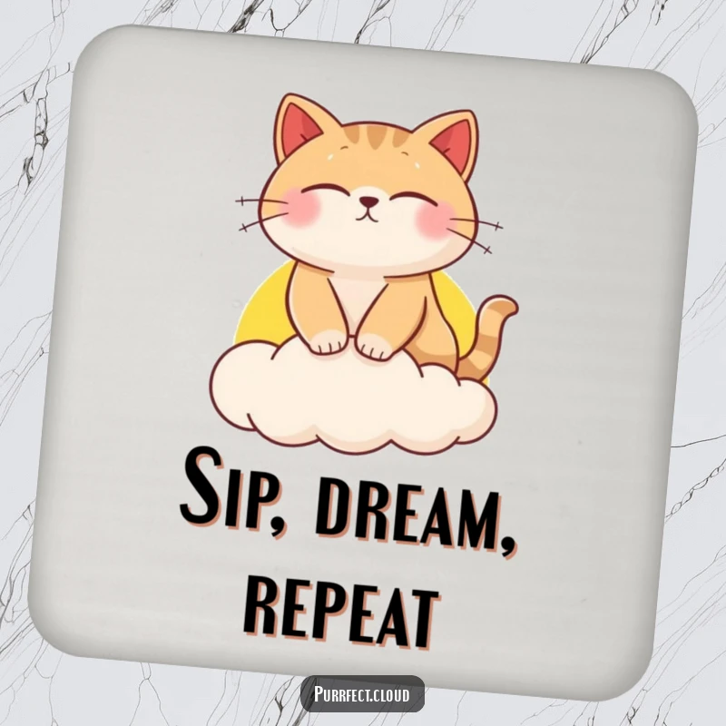 Funny cat coaster, a dreaming cat rests on a sunset cloud, protective and decorative drink accessory.
