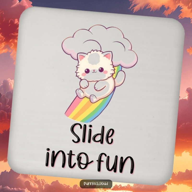 Funny cat sliding down a bright rainbow from a cloud, protecting surfaces with humor on this drink coaster.