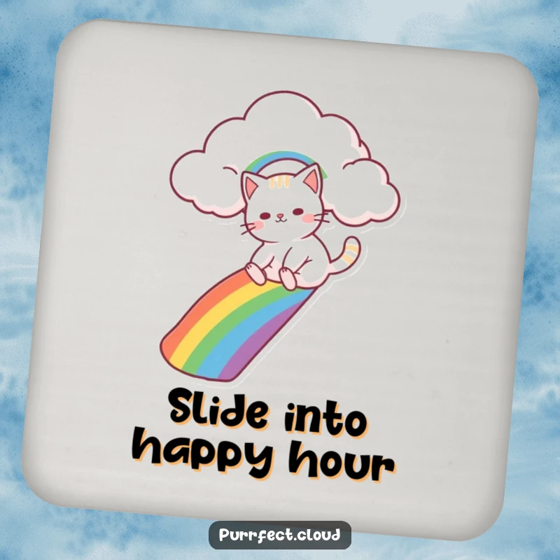 Funny cat character sliding down a rainbow from a cloud, showcased on coasters to add a touch of magic and protect surfaces.