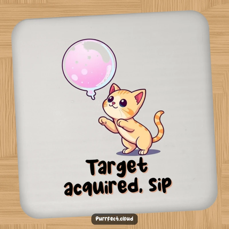 Funny coaster with a cat ready to pounce on a dream bubble, adding playful flair and surface protection with humor.