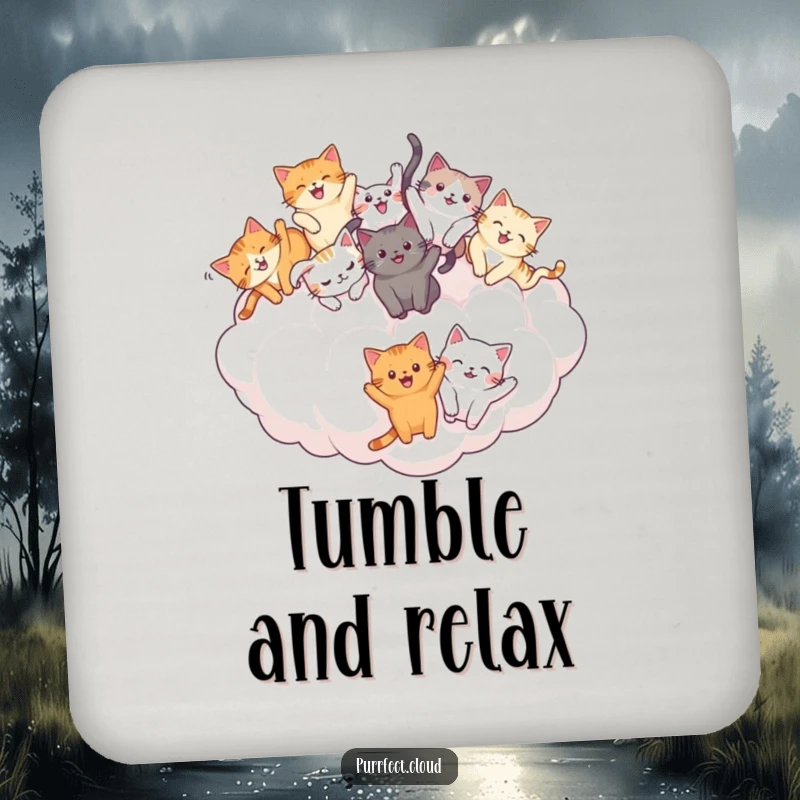 Funny Cat Tumble Coaster: Cats joyfully tumbling on a cloud, protecting surfaces with playful humor. A funny gift.