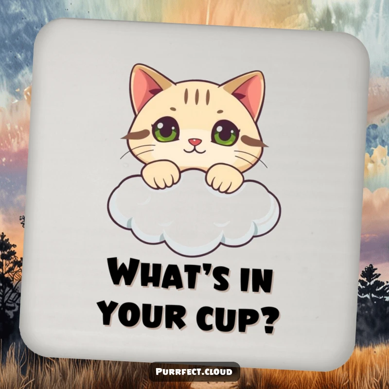 Funny cat coasters featuring a curious cat peeking over a cloud, protecting surfaces with humor and wonder.