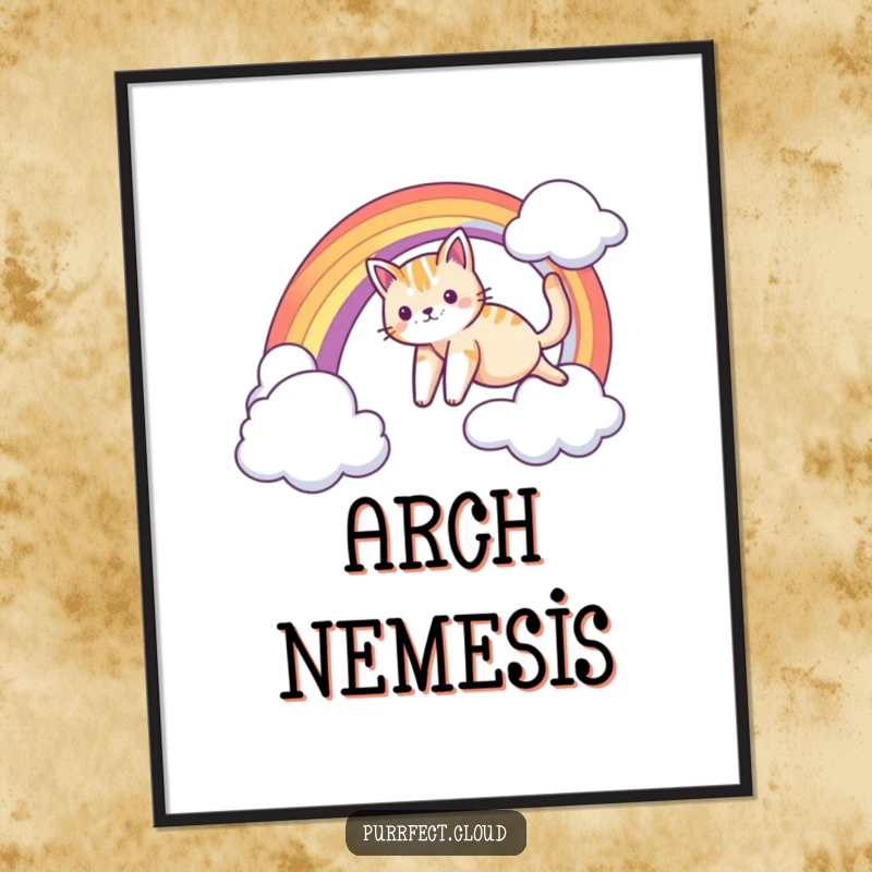 Funny poster of a cat sliding down a rainbow arc from one cloud to another, evoking joy and whimsical travel.