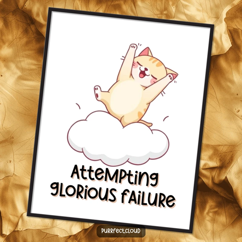 Funny poster capturing a cat in a comical, clumsy somersault on a bouncy cloud, embodying playful energy and lightheartedness.