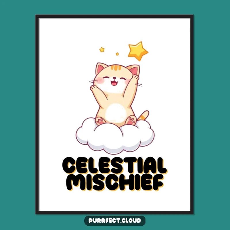 Funny Playful Cat Star Poster: Whimsical Feline Celestial Art for Walls