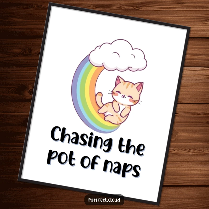 Funny cat poster, a cat slides down a rainbow emerging from a cloud, colorful and joyful art.