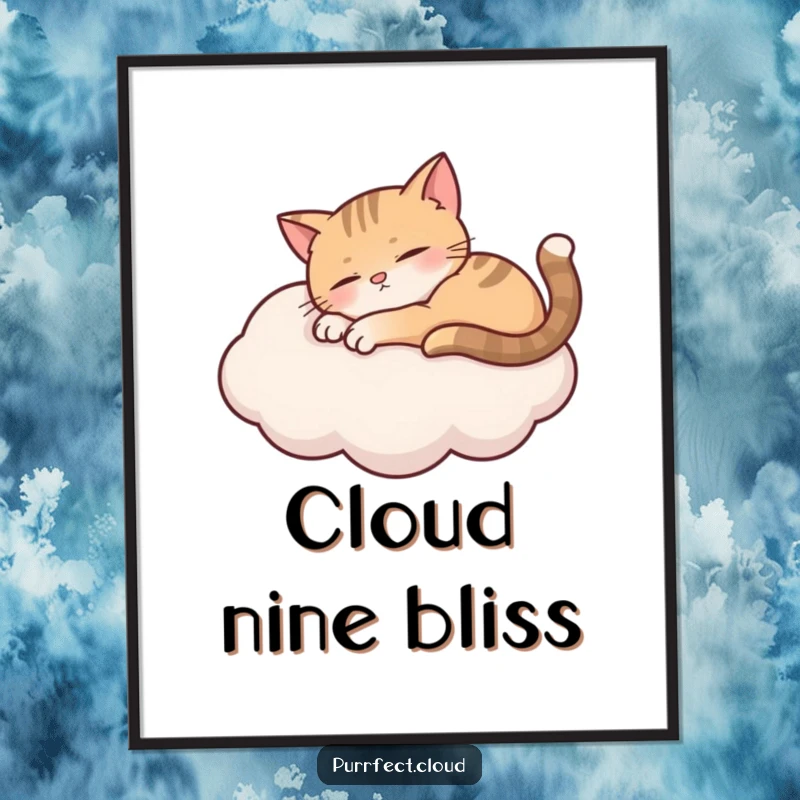 Funny curious cat peering over a cloud with wide eyes, wall art for dreamers, ideal gift.
