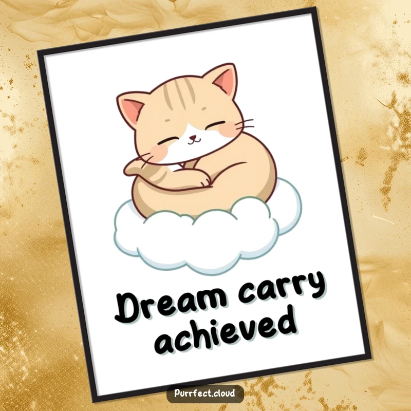Funny poster of a cat peacefully curled up, gently carried by a soft, floating cloud, capturing a moment of pure serenity and calm.