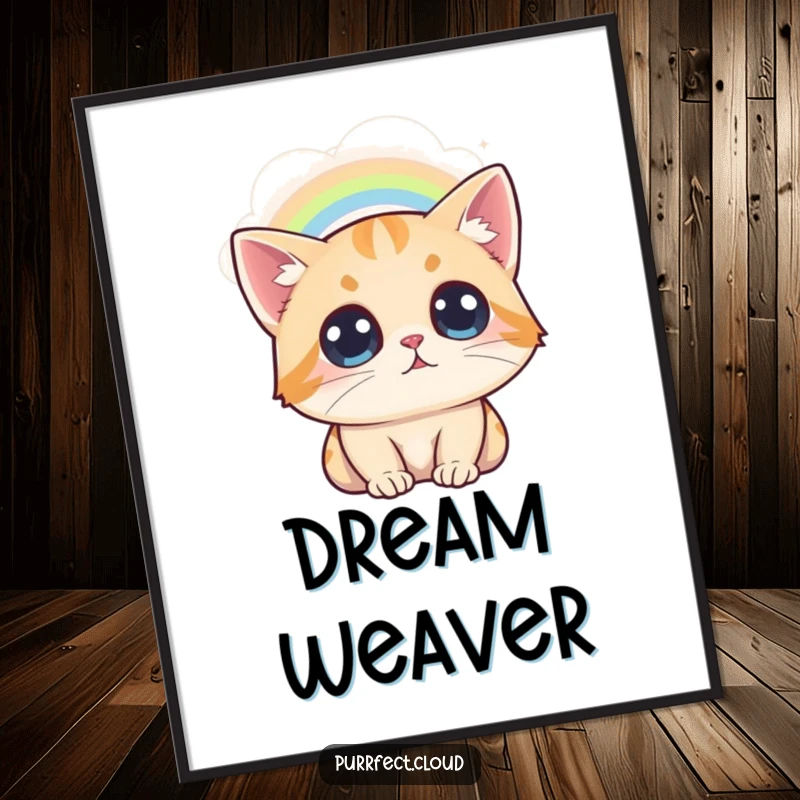 Funny Cat Rainbow Poster, a cat looks at a rainbow from a cloud, wide-eyed and amazed, cute wall art.