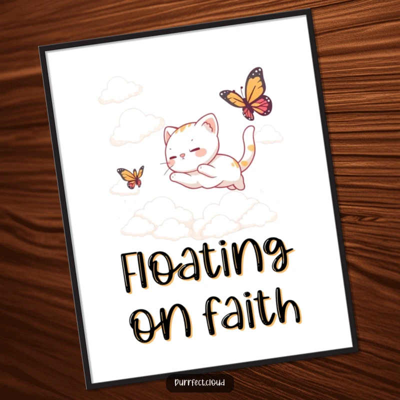 Funny Poster: A charming illustration of a cat chasing a butterfly among soft clouds, creating a beautifully whimsical scene.