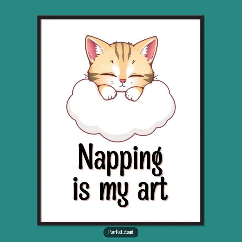 Funny Cat Cloud Nap Poster: Wide-Eyed Kitty Art - Charming Funny Gift Decor
