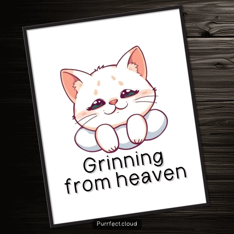 Funny poster of a cat with a mischievous grin perched on a cloud, looking down with playful intent and a hint of sly humor.