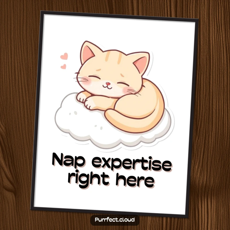 Funny poster of a cat smiling and dreaming peacefully on a cloud, creating a serene and humorous visual.