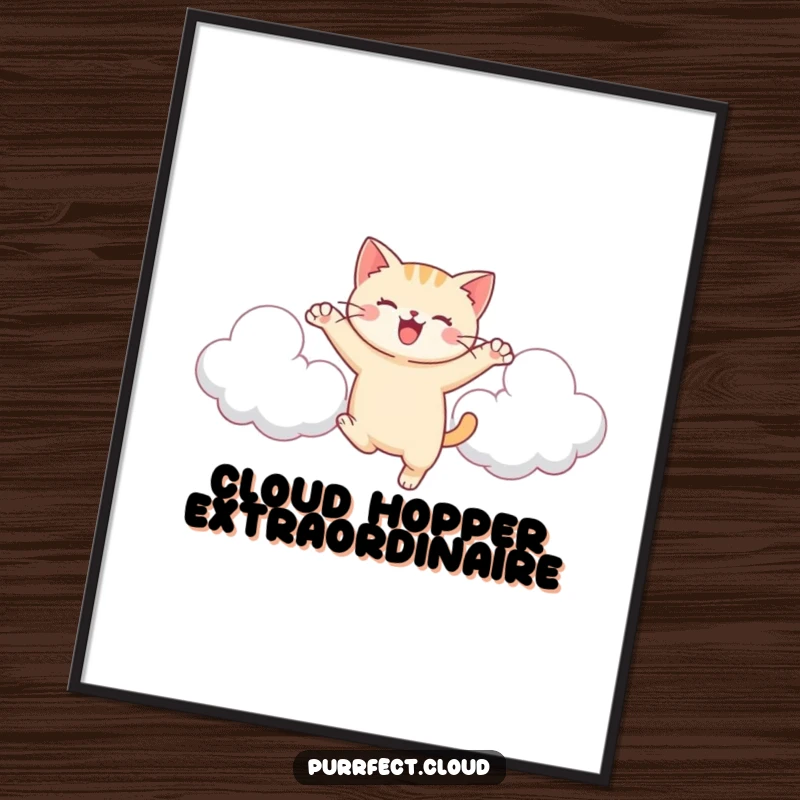 Funny Cat Leaping Poster, a cat leaps between clouds, energetic and joyful, cute wall art.