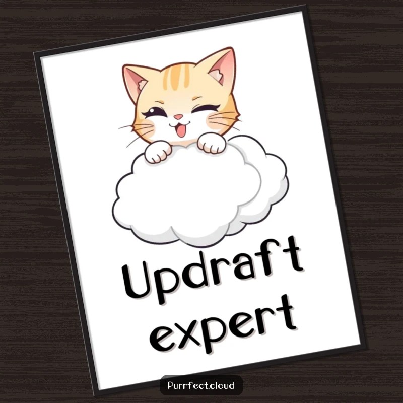 Funny cat poster showcasing a mischievous feline character leaping energetically towards a small, fluffy cloud.