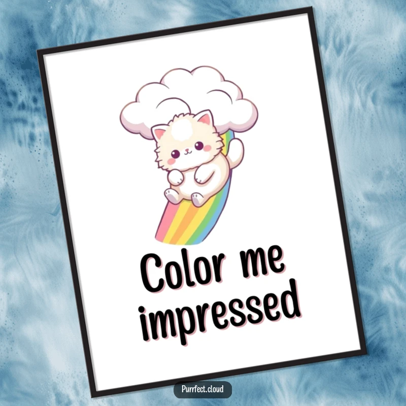 Funny fluffy cat soaring down a vibrant rainbow from a fluffy cloud, a whimsical and joyful wall art poster.