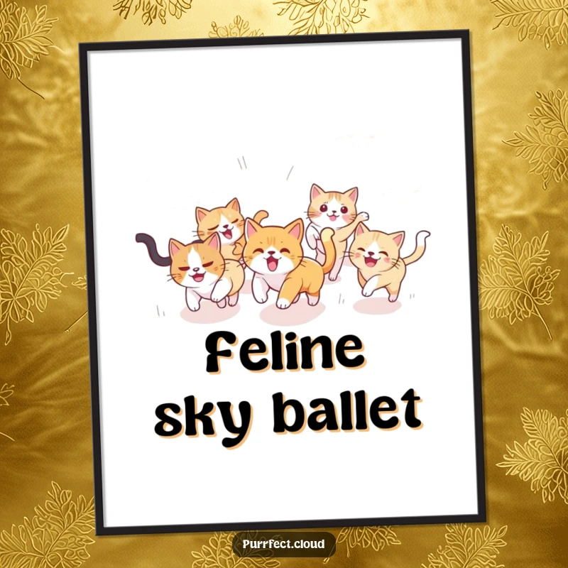 Funny Cat Poster: A charming illustration of cats playfully chasing each other amidst soft, ethereal clouds, evoking joy and lightheartedness, a wall art.