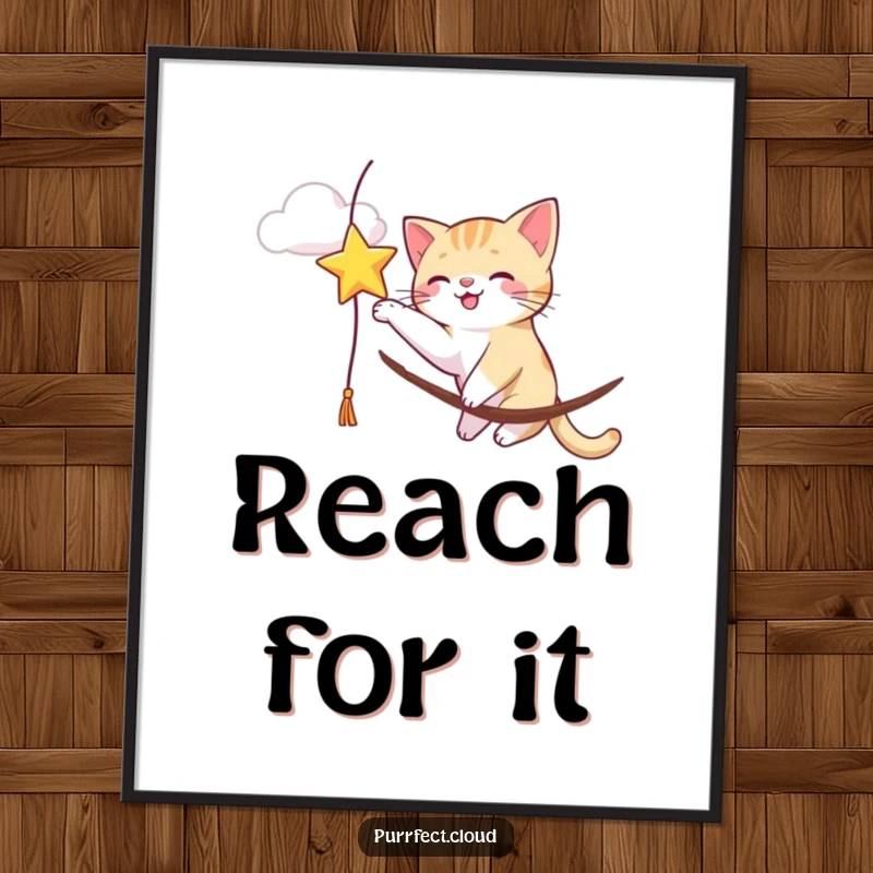 Funny cat leaping to bat at a twinkling star suspended from a fluffy cloud, a whimsical poster for walls.