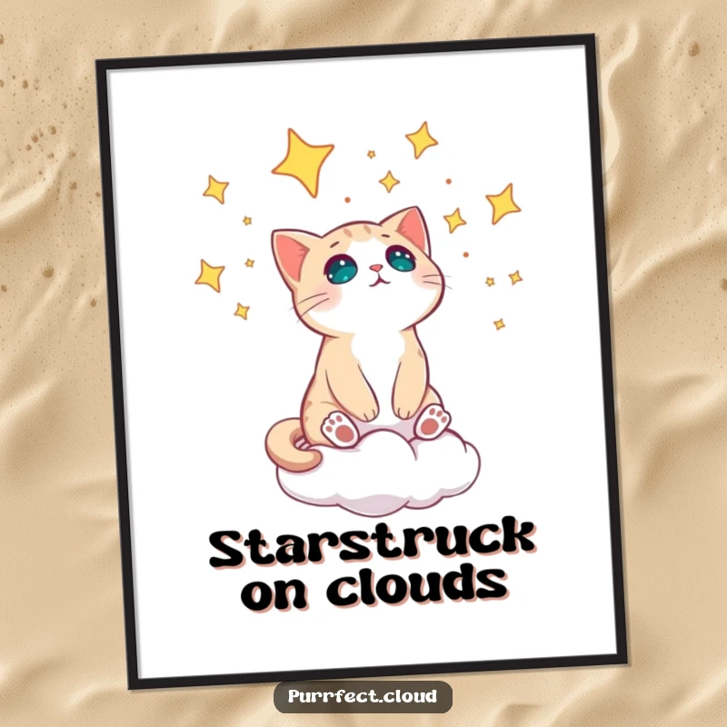 Funny cat on a cloud gazing in amazement at a starry night sky in a whimsical art print.