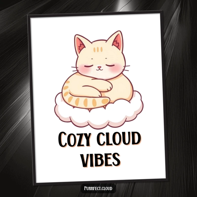 Funny poster of a content cat curled up on a cloud, purring softly, conveying utmost peace and humorous relaxation.