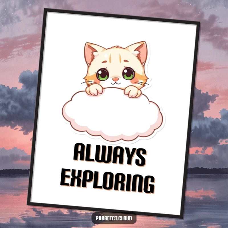 Funny curious cat cloud poster, showing a cat peeking over a cloud with wide eyes, evoking curiosity and a sense of adventure.