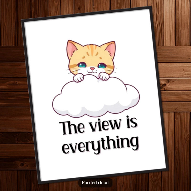Funny Curious Cat Poster: A cat peering over the edge of a cloud, looking down with wide-eyed curiosity, bringing humor to decor. A funny gift.