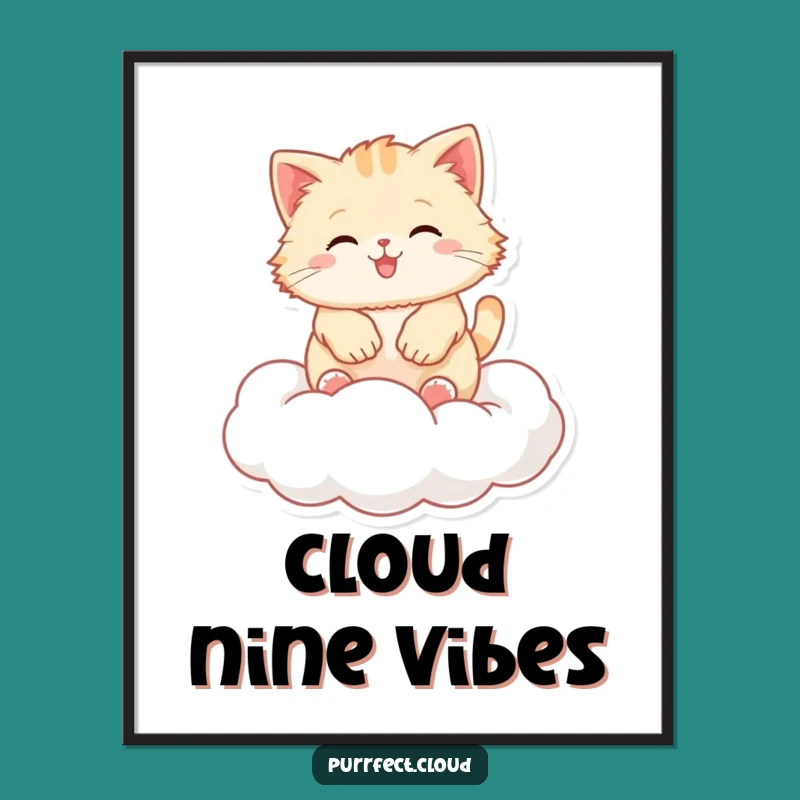 Funny Fluffy Cloud Cat Bouncing Poster, Whimsical Wall Art for Cat Lovers