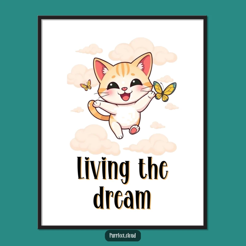 Funny Happy Cat Butterfly Poster - Whimsical Wall Art for a Cheerful Home