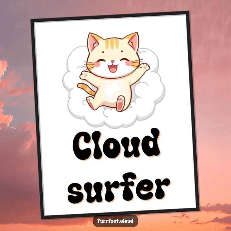 Funny jumping cat cloud poster, showing a playful cat mid-leap through soft clouds, a delightful artwork evoking joy and freedom.