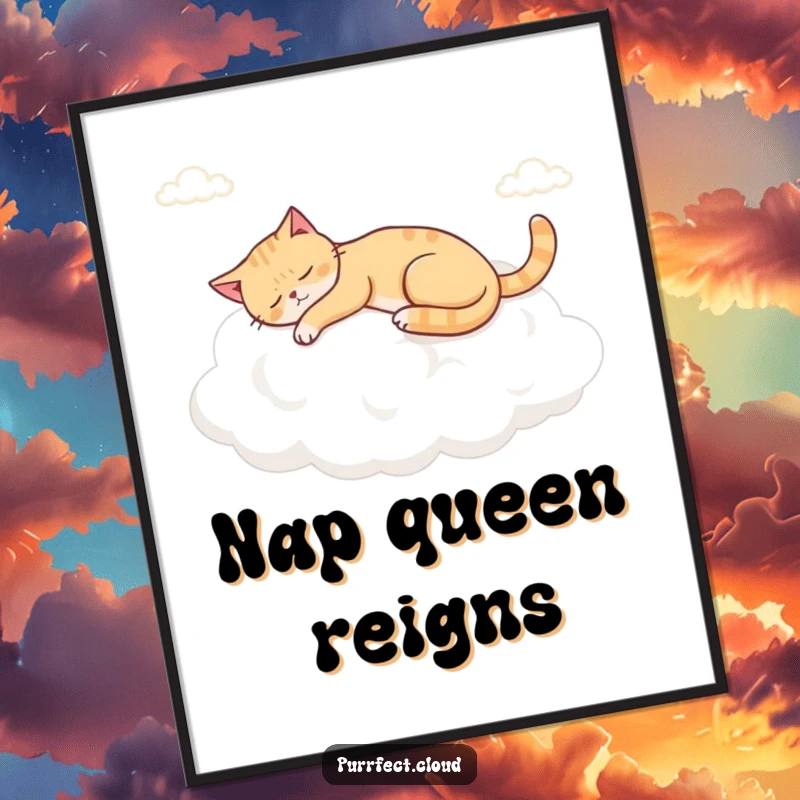 Funny napping cloud cat poster, a cat blissfully asleep on a large, soft cumulus cloud.
