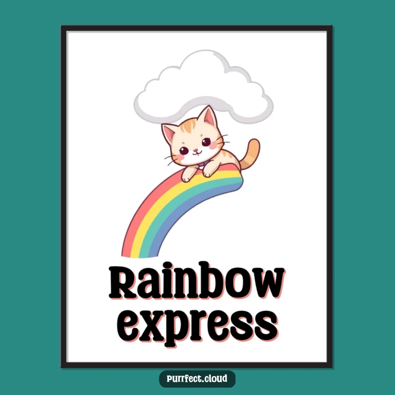 Funny Playful Cat Poster - Rainbow Slide Art Print Gift