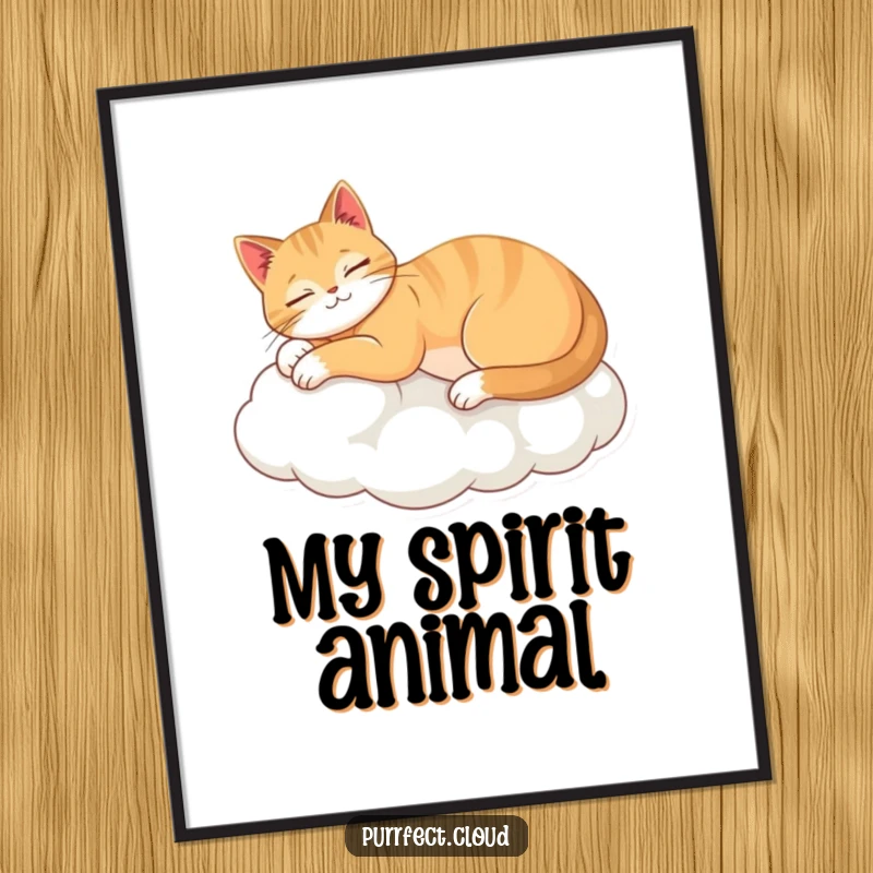 Funny poster showcasing a perfectly relaxed cat stretching out on a fluffy cloud, exuding tranquility and lightheartedness.