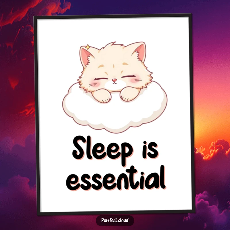 Funny fluffy cat in a deep, peaceful slumber on a soft, fluffy white cloud, making a heartwarming poster.