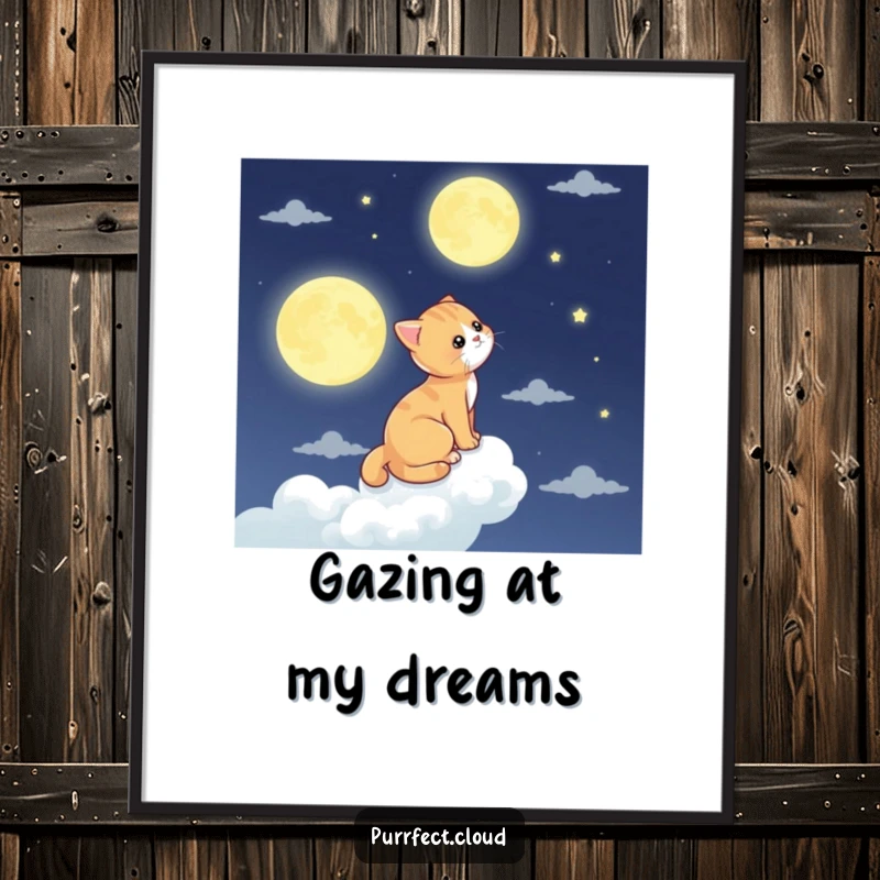 Funny cat poster, a cat gazes at the moon from a cloud perch, ethereal and whimsical art.