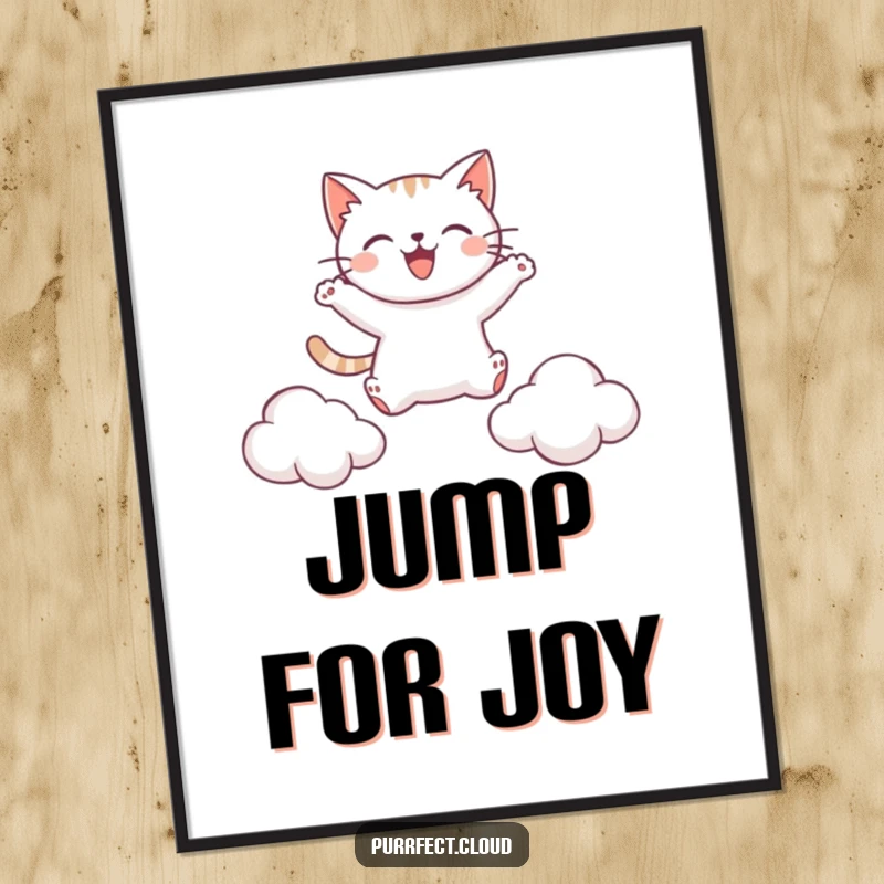 Funny poster of a cat joyfully leaping between fluffy clouds, conveying a sense of exhilarating freedom and playful abandon.