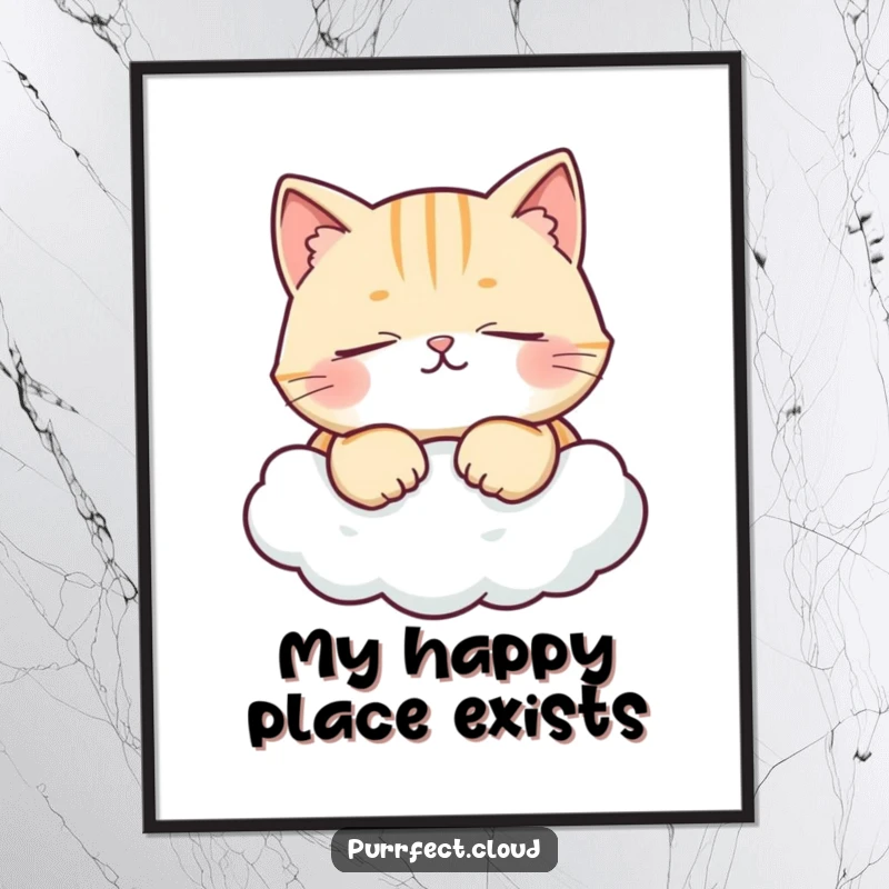 Funny poster of a cat with eyes closed, purring contentedly on a fluffy cloud, creating a peaceful and humorous atmosphere.