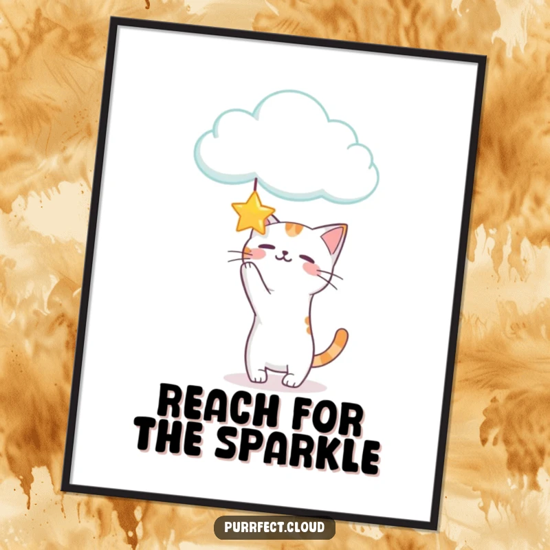Funny Playful Cat Poster depicting a cat batting at a star suspended from a cloud, a charming piece of humorous art.