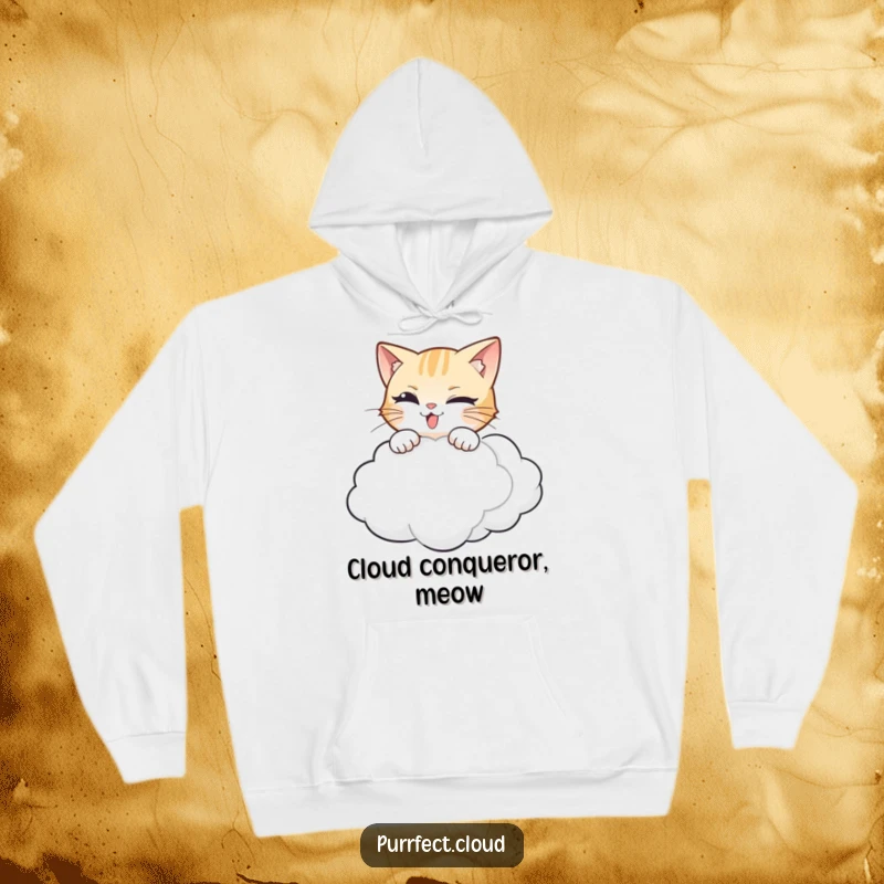 Funny cat hoodie featuring a dynamic, mischievous cat mid-air, pouncing towards a fluffy cloud.