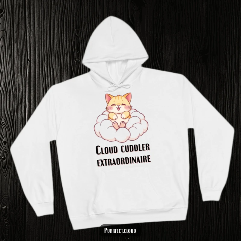 Funny hoodie showcasing a happy cat rolling joyfully amidst soft, fluffy clouds, embodying ultimate comfort and whimsical, dreamy contentment.