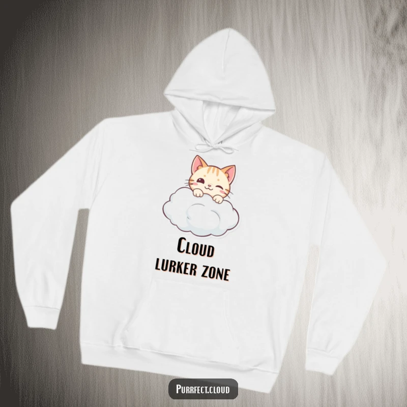 Funny hoodie featuring a curious cat peeking over a fluffy cloud, embodying wonder and a playful, secretive charm.