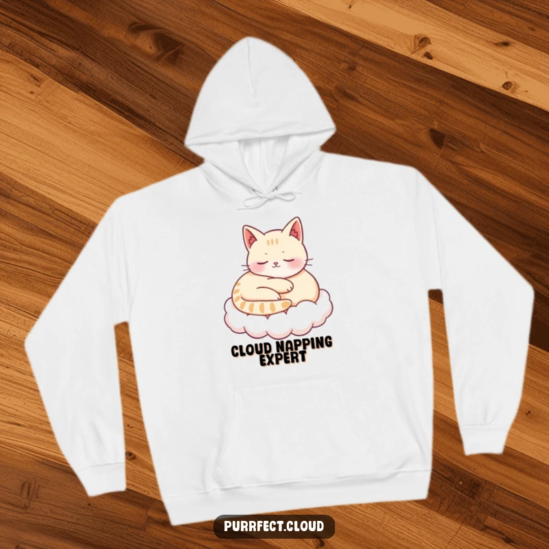 Funny hoodie featuring a content cat curled up peacefully on a cloud, radiating warmth, comfort, and gentle humor.