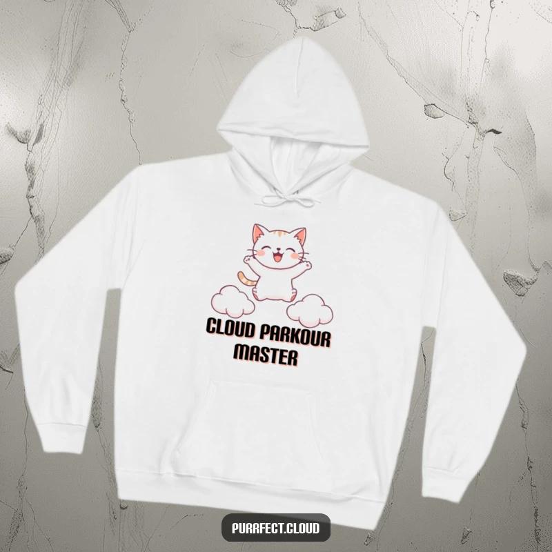 Funny hoodie featuring a happy cat leaping between clouds, capturing a sense of freedom, joy, and playful adventure.