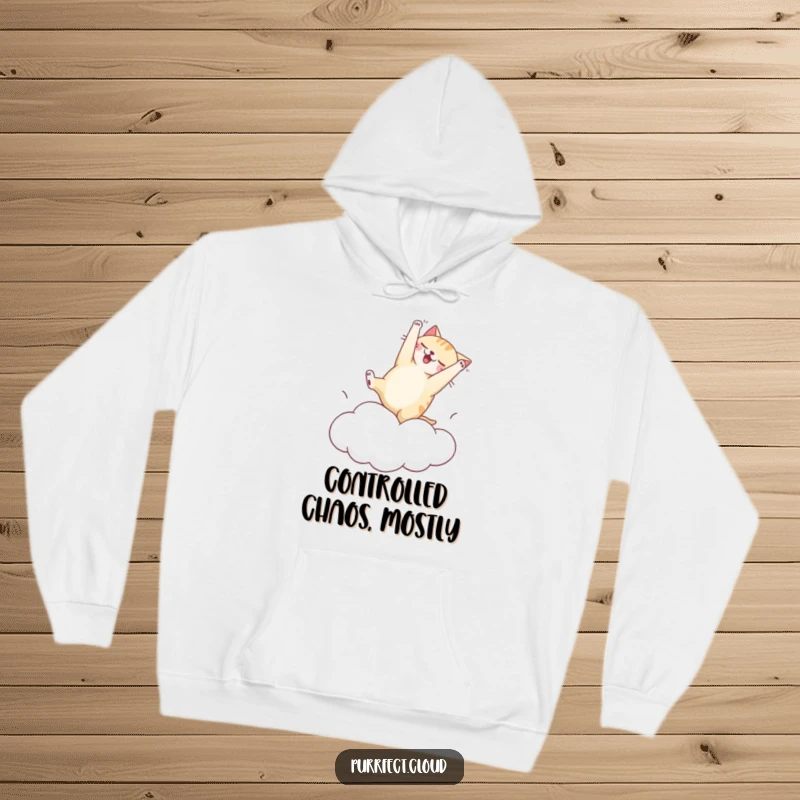 Funny hoodie featuring a cat in a comical, clumsy somersault attempt on a fluffy, bouncy cloud, radiating pure, unadulterated fun.